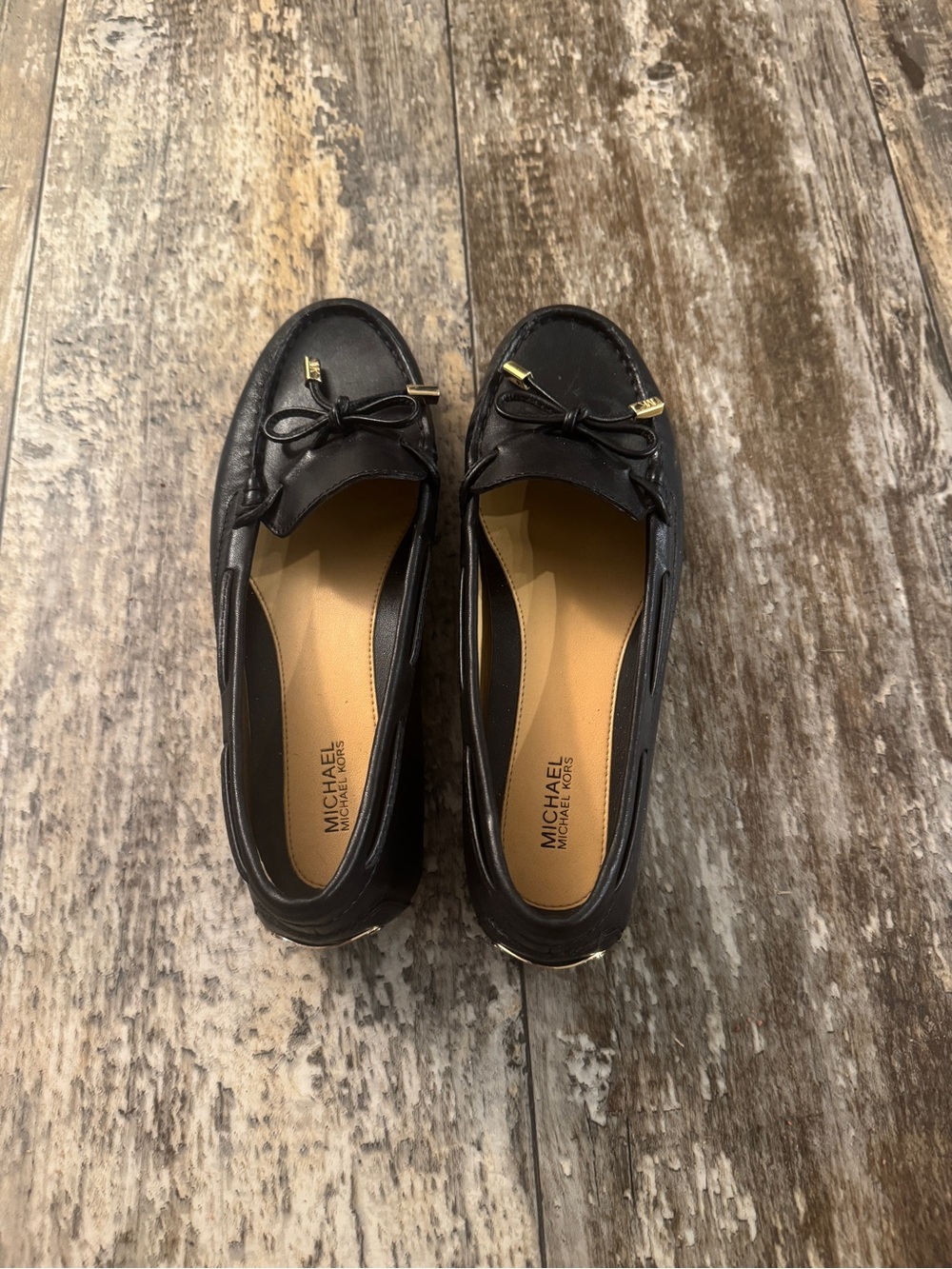 Michael Kors Black Leather Moccasin Loafers with Bow & Gold Accents